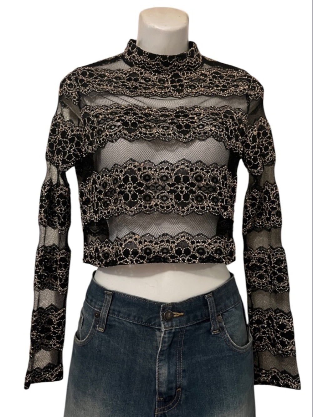 Black Lace Crochet Sheer Embroidered Long-Sleeve High Neck Crop Top Sz L